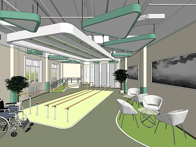 Rehabilitation Space With Wheelchair White Chairs Tables Green White Ceiling And Plants 3d model