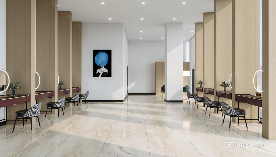 Modern Hair Salon Interior With Chairs Mirrors And Art 3d model 
