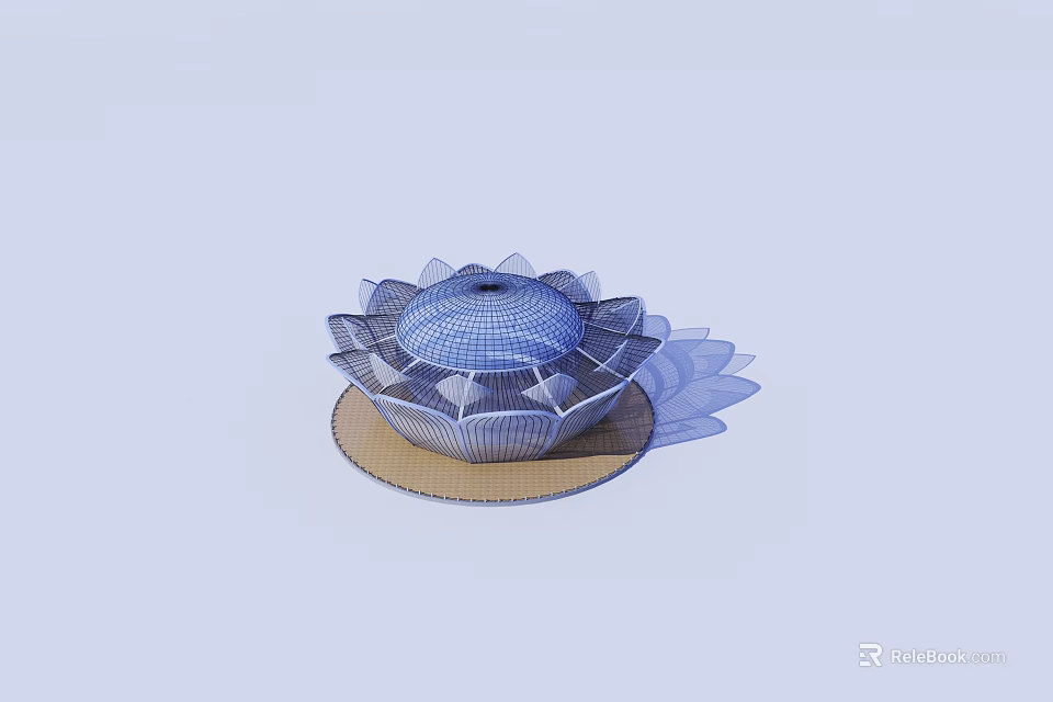 Lotus Shaped Blue Grid Design Decorative Cover Placed On Circular Mat 3d model