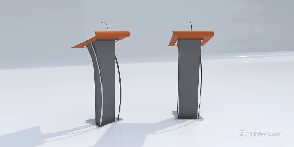Two Functional Desks With Orange Surface And Gray Pillar Each Equipped With Microphone 3d model