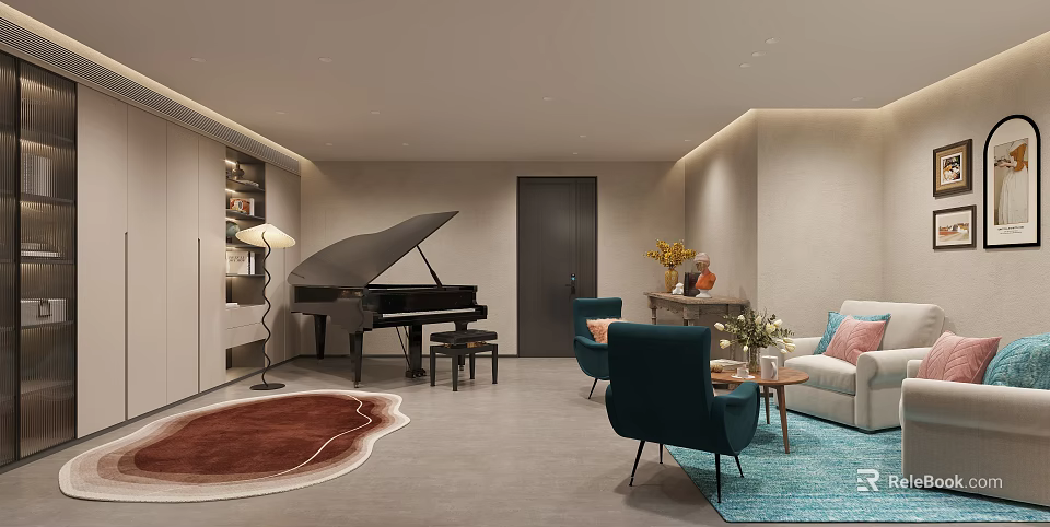 Modern Entertainment Room With Black Piano Bookshelf Sofa Green Chairs And Rugs 3d model 