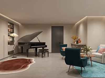 Modern Entertainment Room With Black Piano Bookshelf Sofa Green Chairs And Rugs 3d model