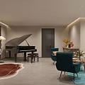 Modern Entertainment Room With Black Piano Bookshelf Sofa Green Chairs And Rugs