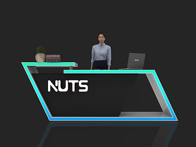 Modern Exhibition Reception Desk With Blue Accents NUTS Logo Laptop Books Plant And Receptionist 3d model