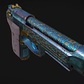 Ornate Blue And Gold Decorative Pistol With Intricate Patterns On Purple Grip