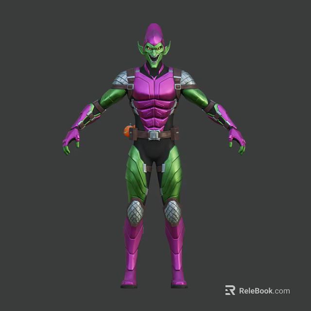 Game And Movie Character With Green Skin Purple Green Armor Silver Shoulders And Orange Belt 3d model 