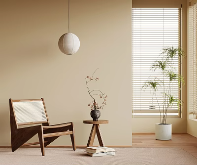 Wooden Lounge Chair With Round Side Table Potted Plant In Beige Room With Window Blinds 3d model