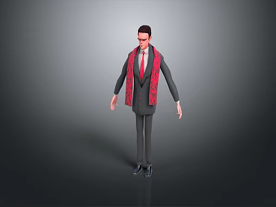 Detailed Male 3D Character Wearing Suit And Red Scarf On Gray Background 3d model