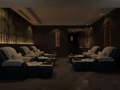 SPA Sauna Relaxing Interior With Comfortable Lounge Chairs Dark Wooden Decor And Soft Lighting 3d model