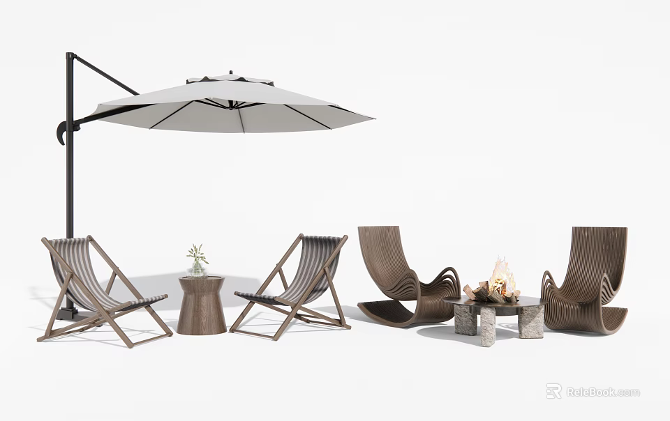 Outdoor Patio Table And Chair Set With Wicker Seats Wooden Frame Umbrella And Fire Pit 3d model 