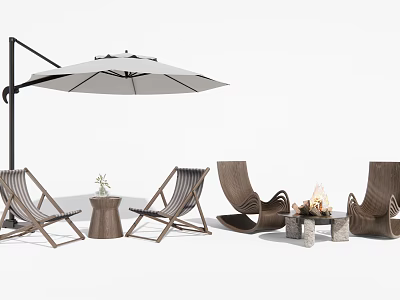 Outdoor Patio Table And Chair Set With Wicker Seats Wooden Frame Umbrella And Fire Pit 3d model