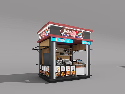Small Food Kiosk With Red Roof Black Structure Signboard And Food Displays 3d model