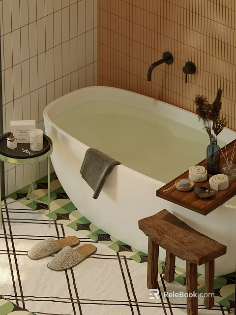 White Freestanding Bathtub in Bathroom with Wooden Tray Candles and Geometric Tiles 3d model 