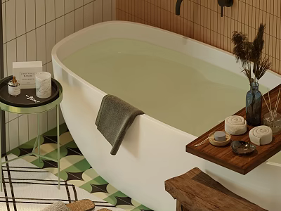 White Freestanding Bathtub in Bathroom with Wooden Tray Candles and Geometric Tiles 3d model