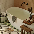 White Freestanding Bathtub in Bathroom with Wooden Tray Candles and Geometric Tiles