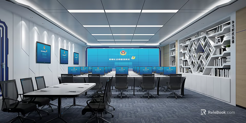 Modern Monitoring Room Interior Design With Multiple Screens Control Consoles And Office Furniture 3d model 