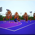 Outdoor Basketball Court With Players And Hoops On Purple Surface