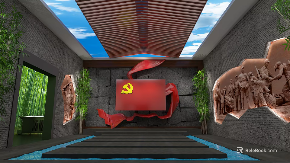 Communist Party Flag With Red Ribbon Stone Wall Relief Sculptures Green Plants And Wooden Ceiling 3d model 