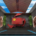Communist Party Flag With Red Ribbon Stone Wall Relief Sculptures Green Plants And Wooden Ceiling