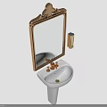 Bathroom Sink Setup With White Pedestal Sink Gold Framed Mirror And Copper Faucet