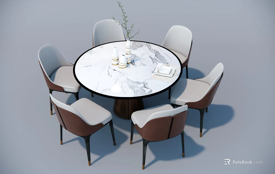 Modern Round Marble Dining Table Set with Six Light Upholstered Chairs and Dark Legs 3d model