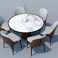 Modern Round Marble Dining Table Set with Six Light Upholstered Chairs and Dark Legs 3d model