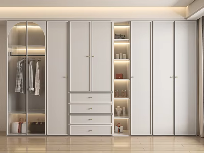 Modern White Wardrobe Interior Design With Glass Door Drawers Open Shelves And Lighting 3d model