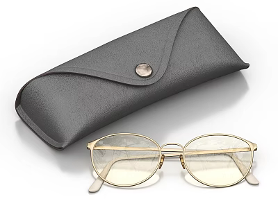 Stylish Gray Leather Eyeglass Case With Golden Round Frame Glasses 3d model