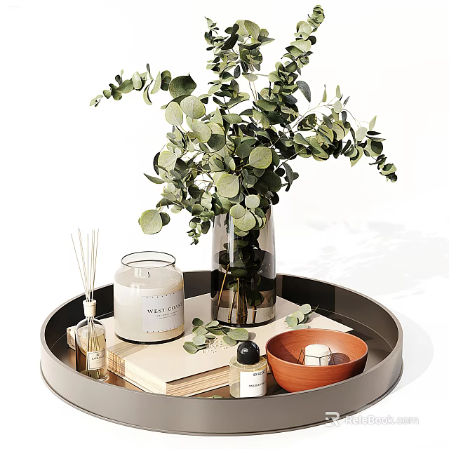 Decorative Ornament Set On Tray With Eucalyptus Glass Vase Reed Diffuser Scented Candle Ceramic Bowl 3d model 