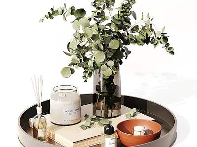 Decorative Ornament Set On Tray With Eucalyptus Glass Vase Reed Diffuser Scented Candle Ceramic Bowl 3d model