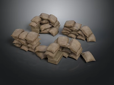 Brown Burlap Sacks Stacked In Multiple Piles On Dark Background 3d model