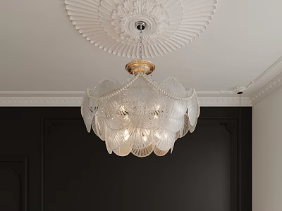 Elegant Crystal Chandelier With Glass Petals Hanging From Decorative Ceiling Against Dark Walls 3d model