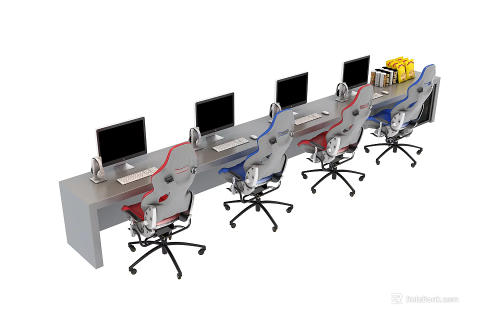 Modern Entertainment Desk with Multiple Computer Monitors Colorful Chairs and Yellow Items on One End 3d model 
