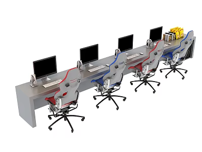 Modern Entertainment Desk with Multiple Computer Monitors Colorful Chairs and Yellow Items on One End 3d model