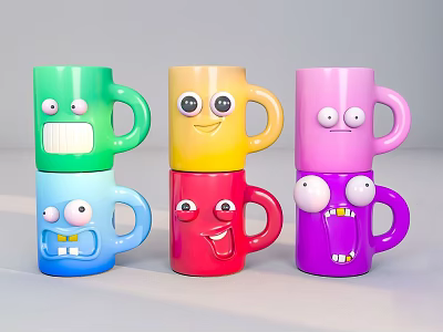 Colorful Cartoon Face Mugs With Different Playful Expressions And Bright Hues 3d model