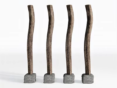 Four Curved Wooden Columns With Gray Stone Bases And Natural Rustic Texture 3d model