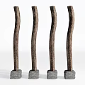 Four Curved Wooden Columns With Gray Stone Bases And Natural Rustic Texture