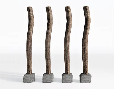 Four Curved Wooden Columns With Gray Stone Bases And Natural Rustic Texture 3d model