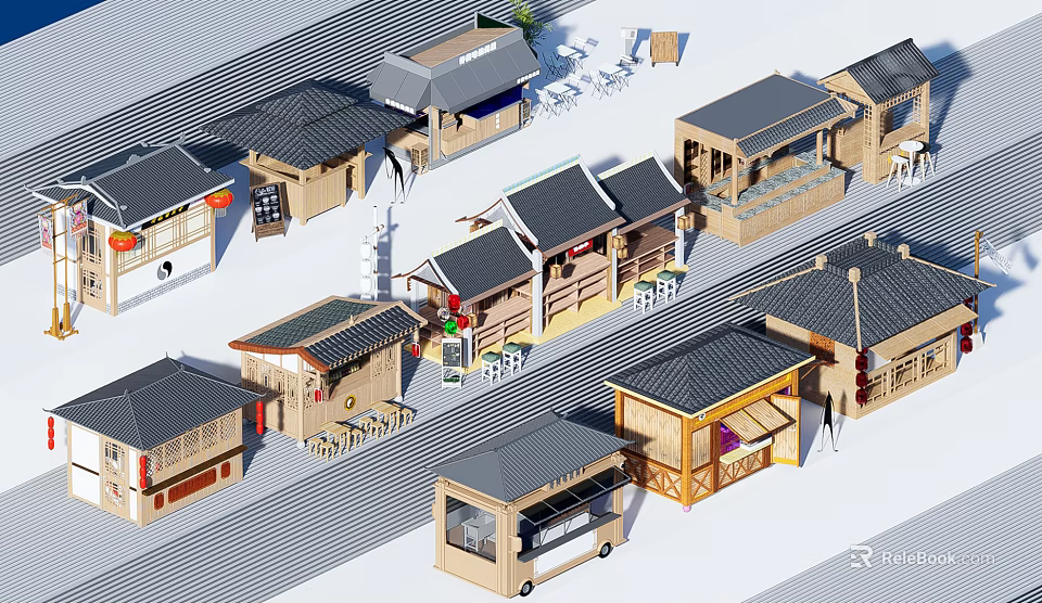 Traditional Chinese Style Shops with Various Roof Designs and Outdoor Seating Areas 3d model 