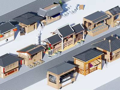 Traditional Chinese Style Shops with Various Roof Designs and Outdoor Seating Areas 3d model