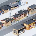 Traditional Chinese Style Shops with Various Roof Designs and Outdoor Seating Areas