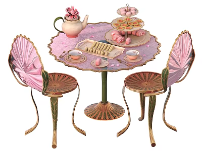 Elegant Pink Round Dining Table Set With Leaf Shaped Chairs Teapot And Desserts 3d model