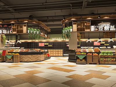 Supermarket Grocery Store Interior With Fresh Produce Display Fruit Vegetable Shelves And Bright Lighting 3d model