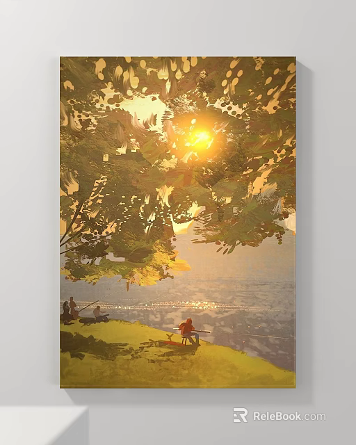 Warm Toned Landscape Painting with Sunset Sunlight Through Leaves People Sitting Under Trees by Water 3d model 