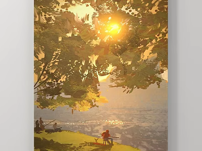 Warm Toned Landscape Painting with Sunset Sunlight Through Leaves People Sitting Under Trees by Water 3d model