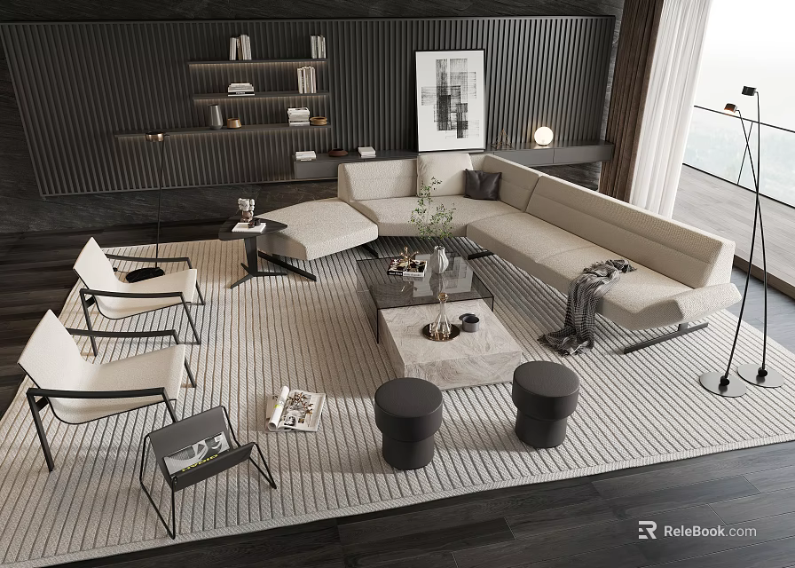Modern Beige Sofa And Coffee Table Set With Rug Floor Lamp And Bookshelf 3d model 