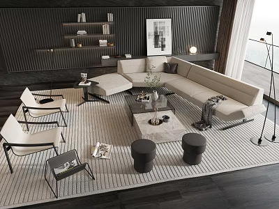 Modern Beige Sofa And Coffee Table Set With Rug Floor Lamp And Bookshelf 3d model