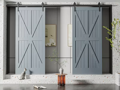 Modern Gray Barn Doors With Cross Pattern In Interior Featuring Terrazzo Floor Cat And Plant 3d model
