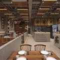 Modern Industrial Restaurant Interior With Wooden Tables Bar Counter Chinese Decor And Pendant Lights