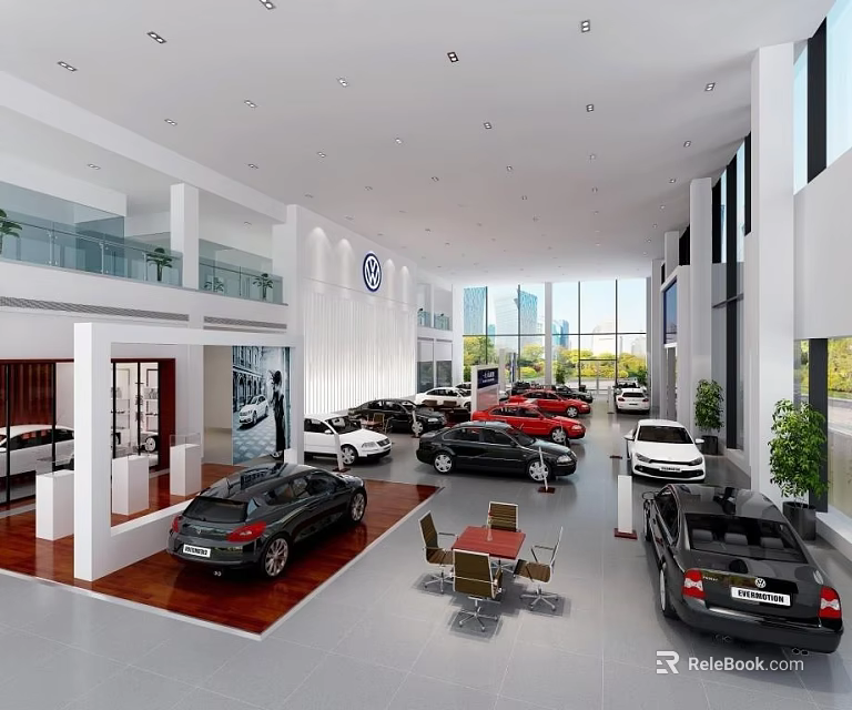 Spacious Volkswagen Car Dealership Showroom With Various Cars And Customer Seating 3d model 